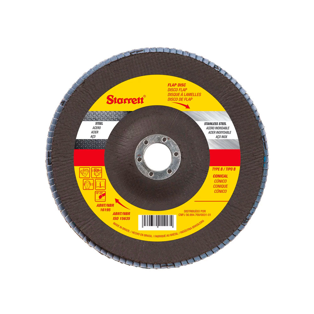 Disco de Flap Starrett em Fibra de Vidro Cônico, Grão de 100 e Diâmetro Externo 115mm Ref. FDS115-100FC