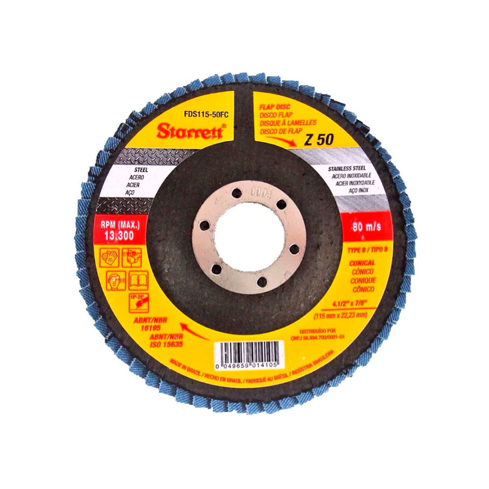 Disco de Flap Starrett em Fibra de Vidro Cônico, Grão de 50 e Diâmetro Externo 115mm