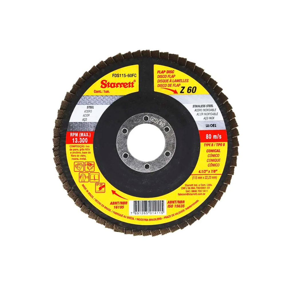 Disco de Flap Starrett em Fibra de Vidro Cônico, Grão de 60 e Diâmetro Externo 115mm