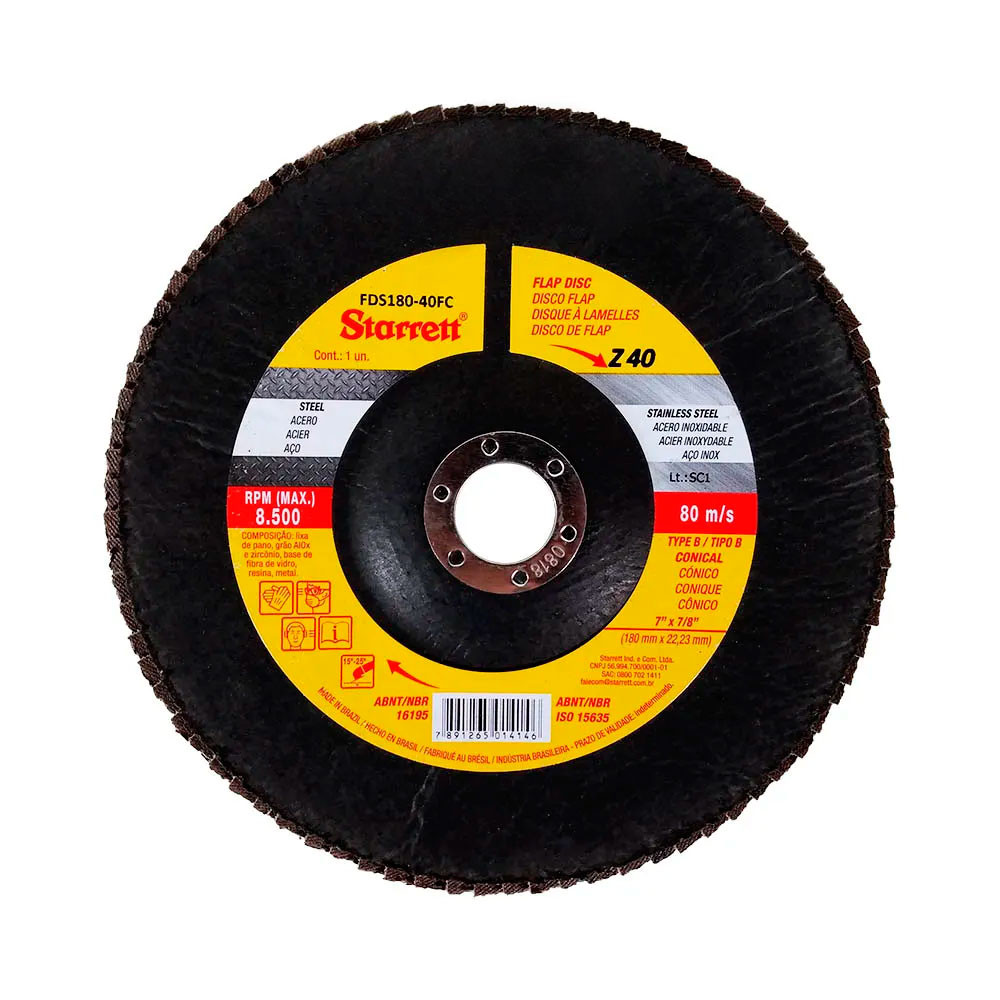 Disco de Flap Starrett em Fibra de Vidro Cônico, Grão de 40 e Diâmetro Externo 180mm
