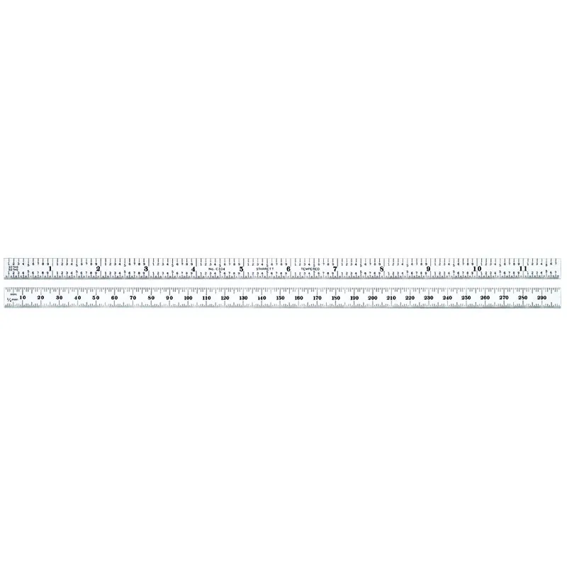Escala de Aço Fosca 300mm em Milímetros e Polegadas - 1mm de 0,5mm em um Lado; Leitura Rápida 1/10" (0,10") e Leitura Rápida para Aviação 1/50" (0,02") no Verso