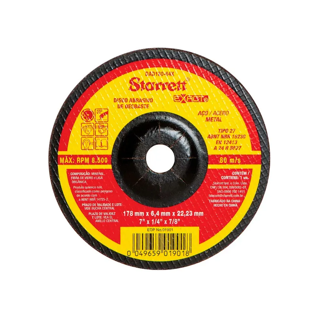 Disco Abrasivo de Desbaste Exact, Diâmetro Externo 178mm, Furo 22,23mm, Espessura 6,4mm Ref. DAD180-64X