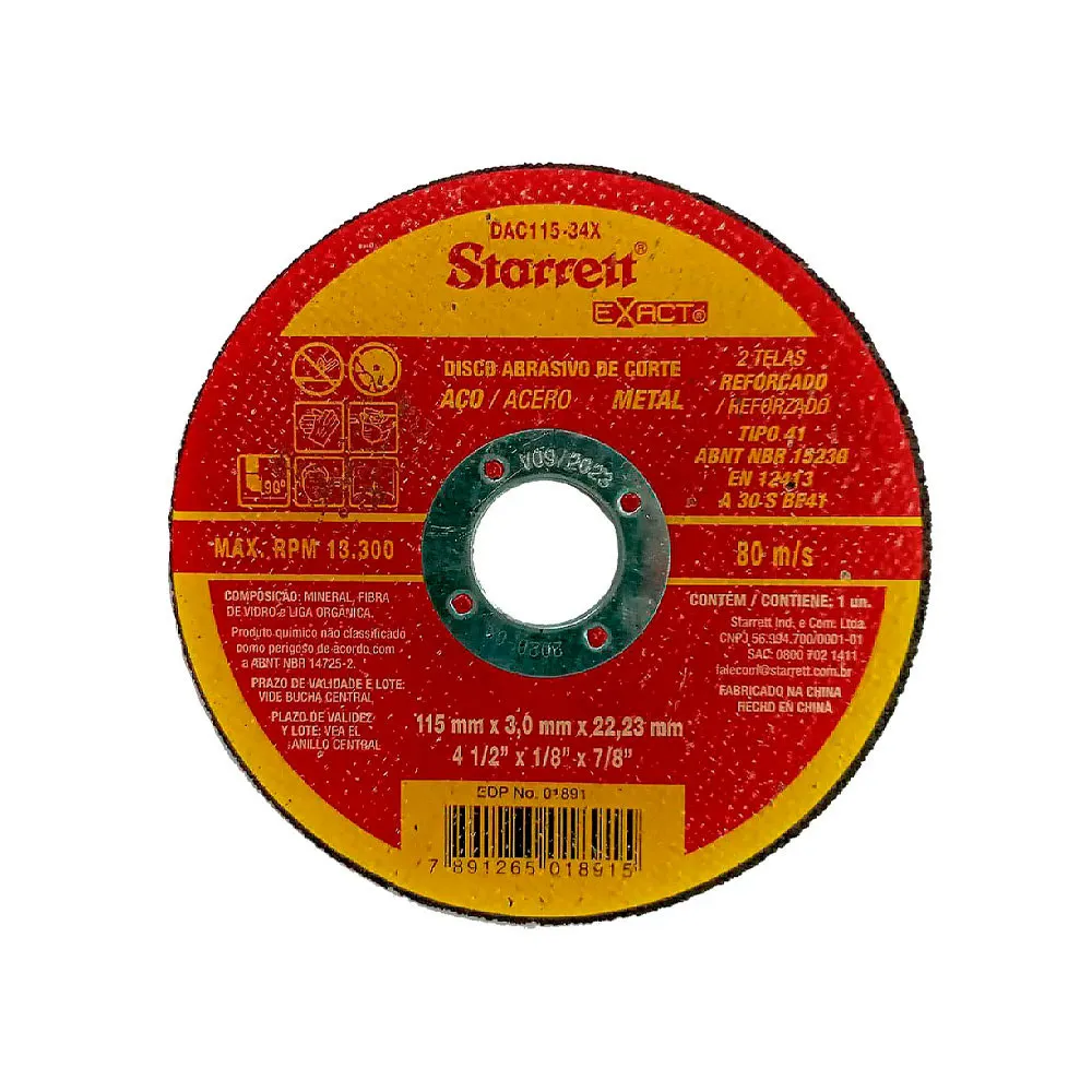 Disco Abrasivo de Corte Exact, Diâmetro Externo 115mm, Furo 22,23mm, Espessura 3mm Ref. DAC115-34X
