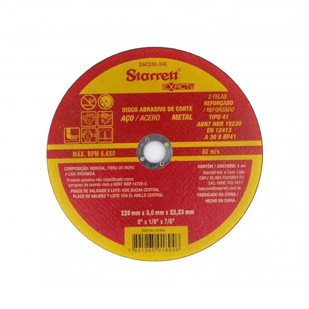 Disco Abrasivo de Corte Exact, Diâmetro Externo 229mm, Furo 22,23mm, Espessura 3mm Ref. DAC230-34X
