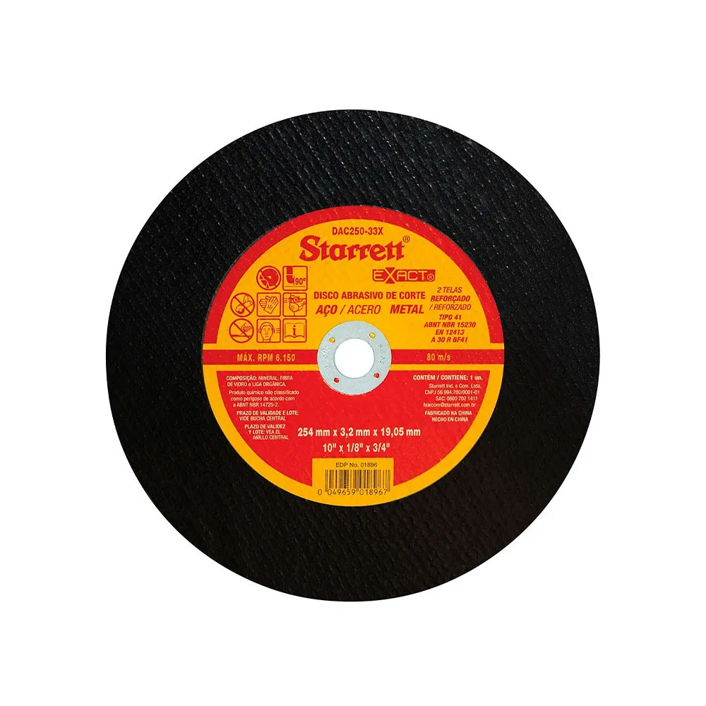 Disco Abrasivo de Corte Exact, Diâmetro Externo 254mm, Furo 19,05mm, Espessura 3,2mm Ref. DAC250-33X