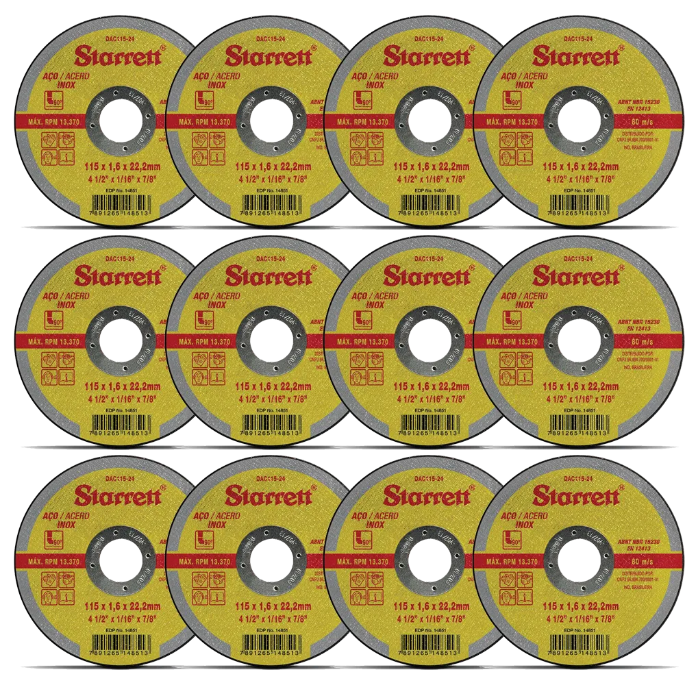 Disco Abrasivo de Corte, Diâmetro Externo 115mm, Furo 22,23mm, Espessura 1,6mm - Embalagem com 12 unidades - DAC115-24 CX 12 UN
