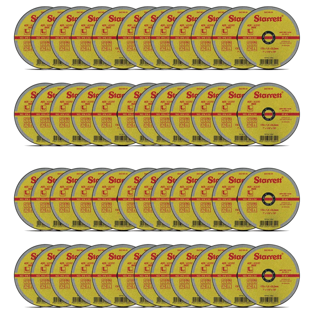 Disco Abrasivo de Corte, Diâmetro Externo 180mm, Furo 22,23mm, Espessura 1,6mm - Kit com 48 unidades - DAC180-24