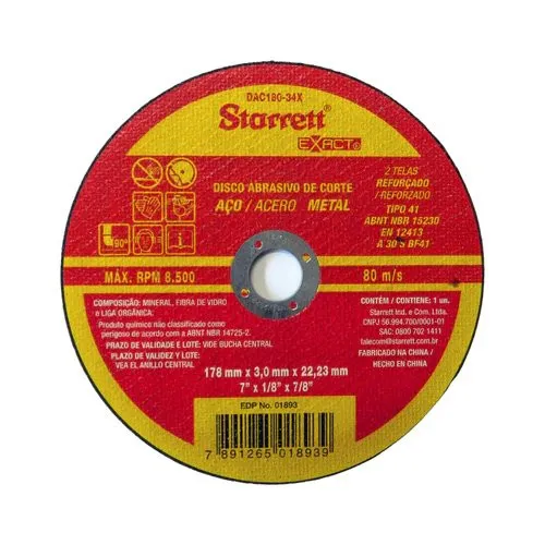 Disco Abrasivo de Corte Exact, Diâmetro Externo 178mm, Furo 22,23mm, Espessura 3mm Ref. DAC180-34X
