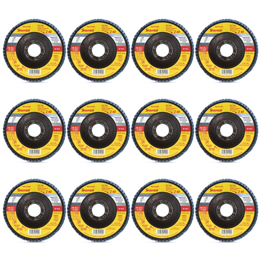 Disco de Flap Starrett em Fibra de Vidro Cônico, Grão de 40 e Diâmetro Externo 115mm - Embalagem com 12 unidades - FDS115-40FC CX 12UN