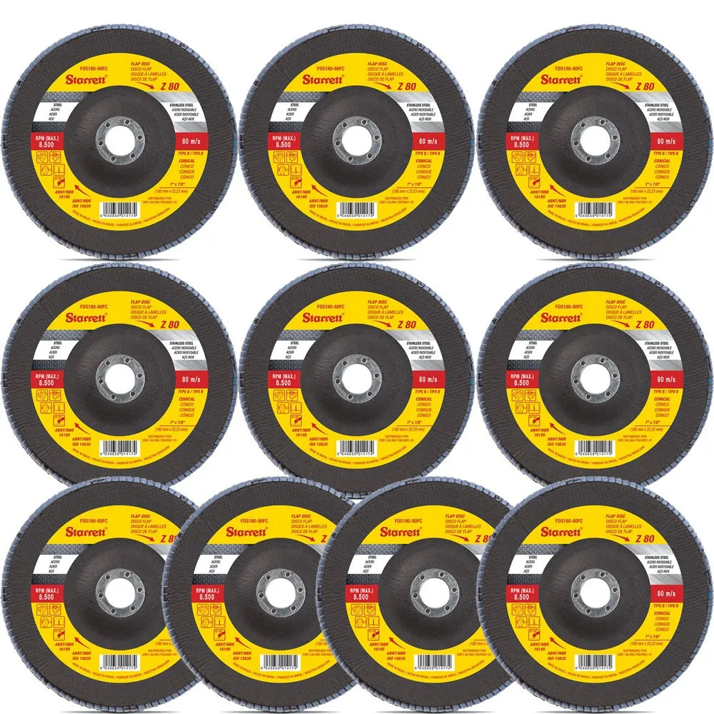 Disco de Flap Starrett em Fibra de Vidro Cônico, Grão de 80 e Diâmetro Externo 115mm - Embalagem com 10 Unidades - FDS115-80FC KIT 10 UNIDADES