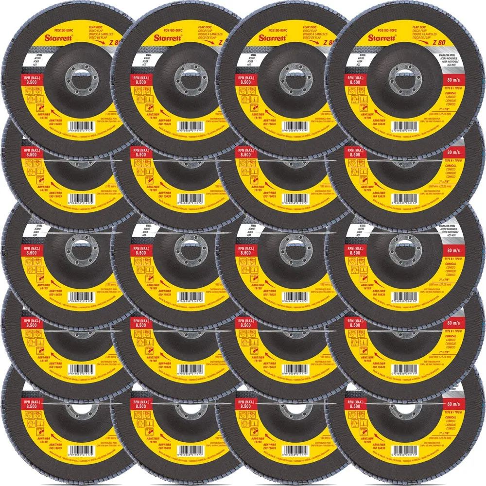 Disco de Flap Starrett em Fibra de Vidro Cônico, Grão de 80 e Diâmetro Externo 115mm - Embalagem com 20 Unidades - FDS115-80FC KIT 20 UNIDADES