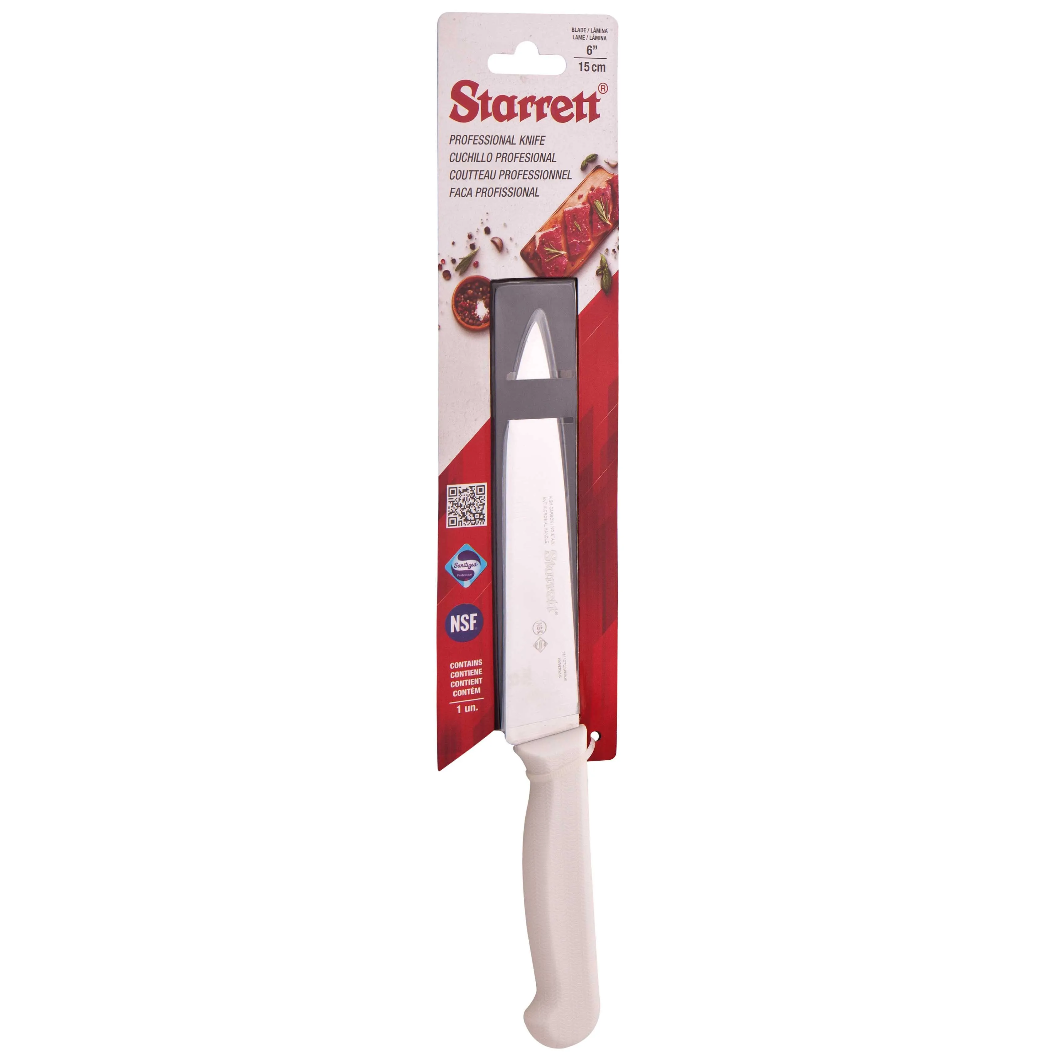 Faca de Carne para Refile de Mesa Encartelada com Triangular Estreita de 6 Polegadas e Cabo Branco