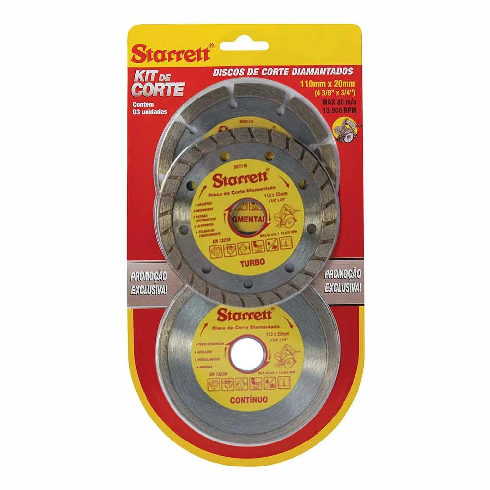 Kit Discos de Corte Diamantado Misto, Diâmetro Externo 110mm e Furo 20mm