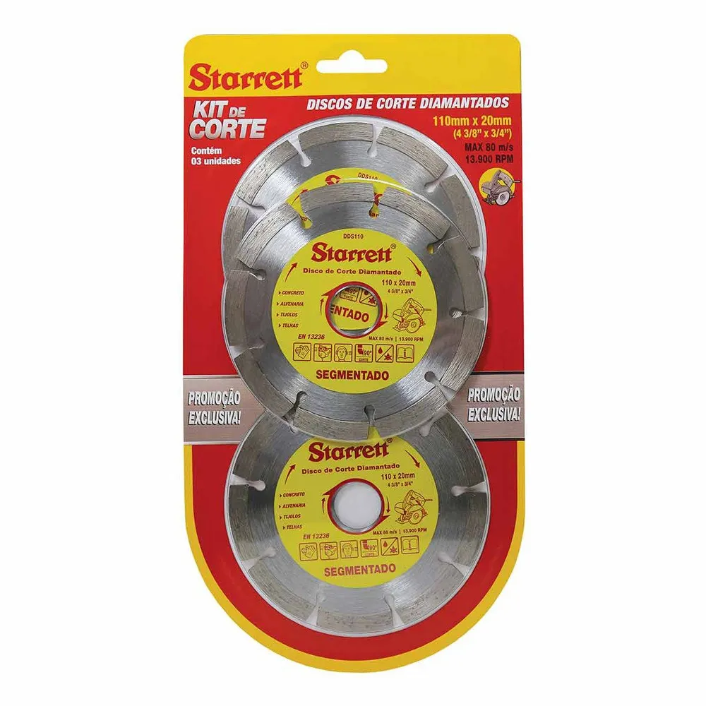 Kit Discos de Corte Diamantado Segmentado, Diâmetro Externo 110mm e Furo 20mm