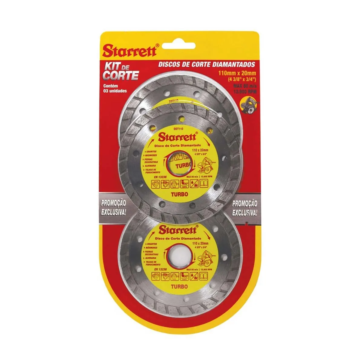 Kit Discos de Corte Diamantado Turbo, Diâmetro Externo 110mm e Furo 20mm