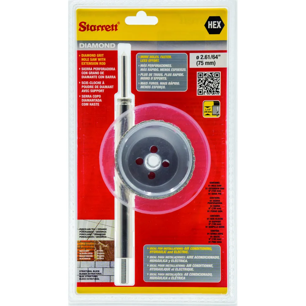 Serra Copo Diamantada de 75mm e 2.61/64 Polegadas, com Haste de 150mm - DE075M