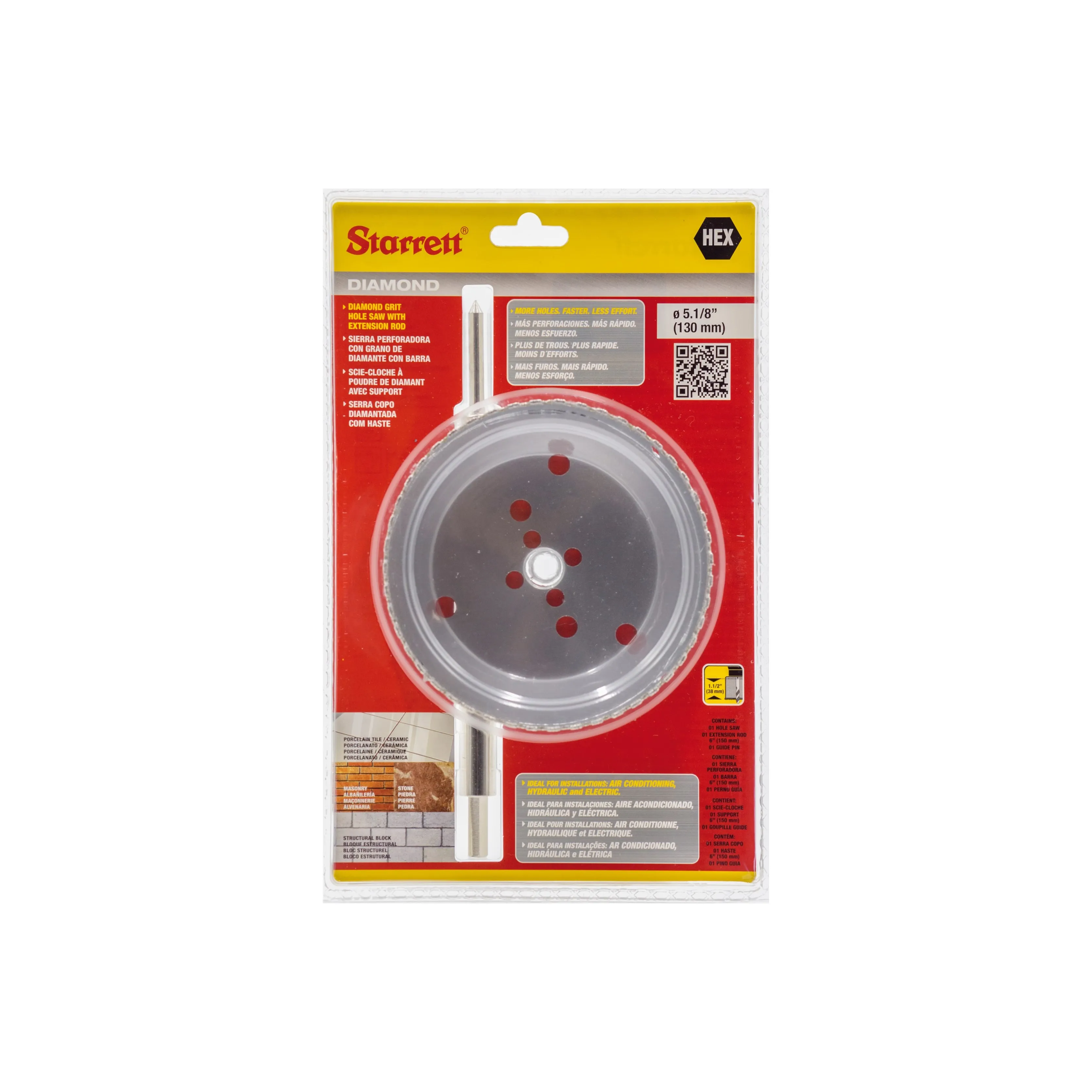 Serra Copo Diamantada de 130mm e 5.1/8 Polegadas, com Haste de 150mm