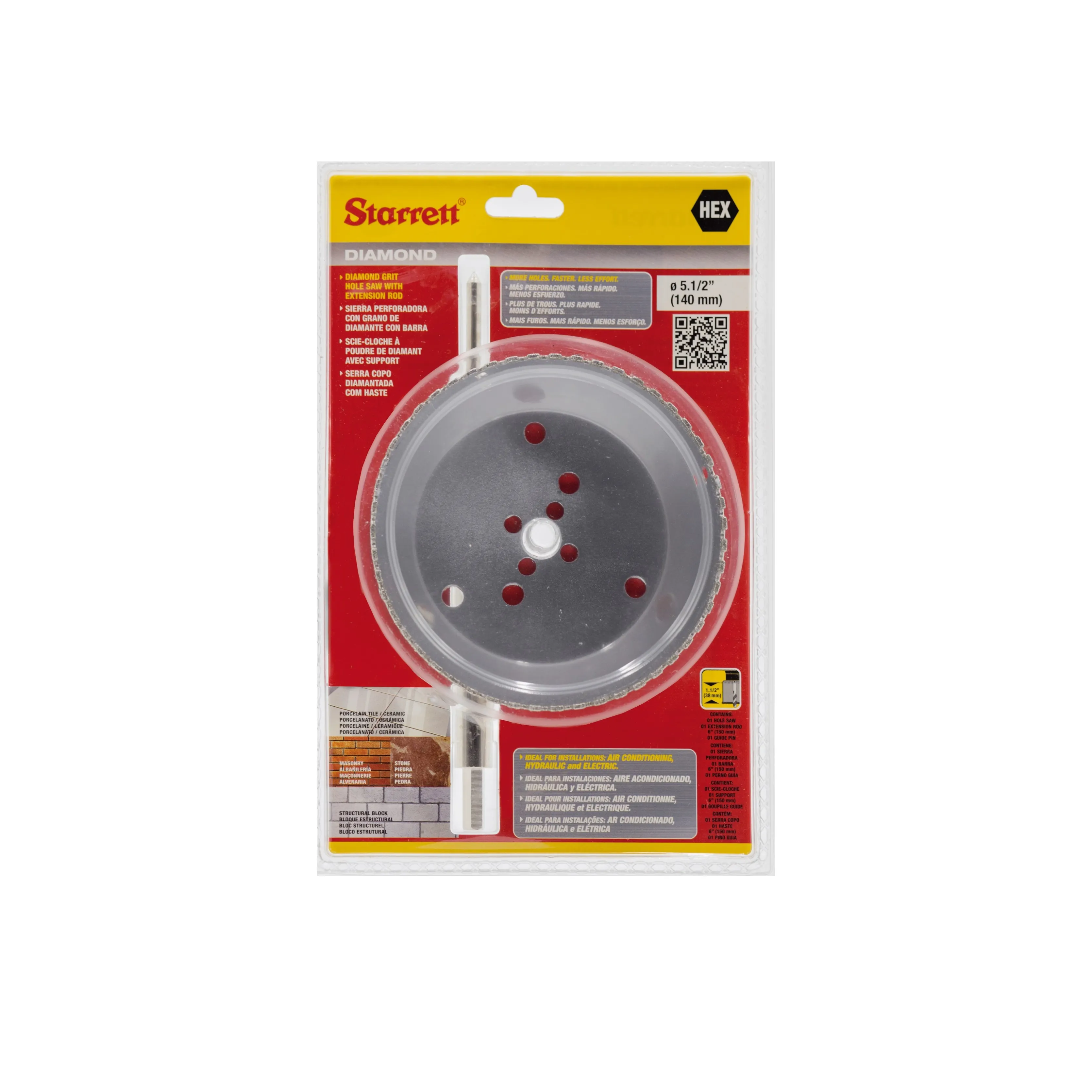 Serra Copo Diamantada de 140mm e 5.1/2 Polegadas, com Haste de 150mm