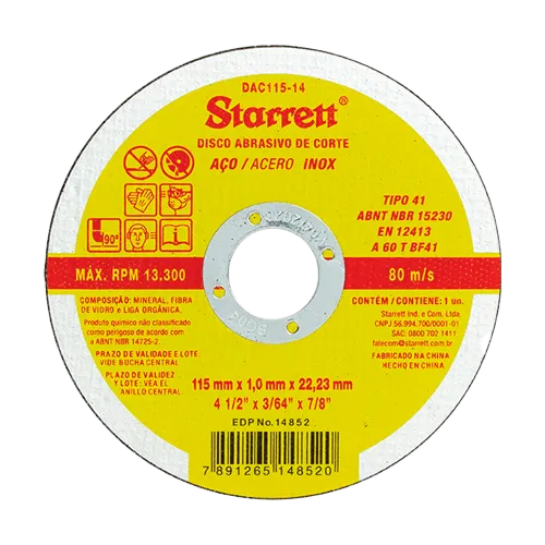 Disco de corte da Starrett. Disco amarelado com bordas vermelhas