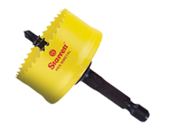 Uma serra copo amarela da Starrett com o logo da Starrett impresso em vermelho