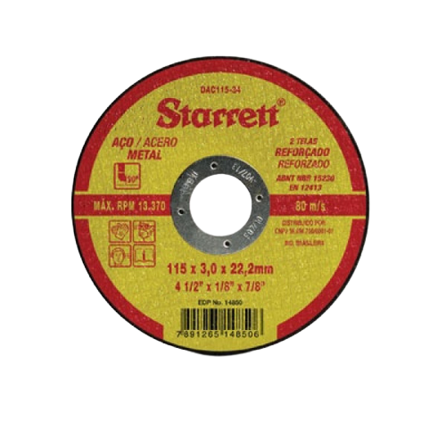 Disco de corte da Starrett. Disco amarelado com bordas vermelhas